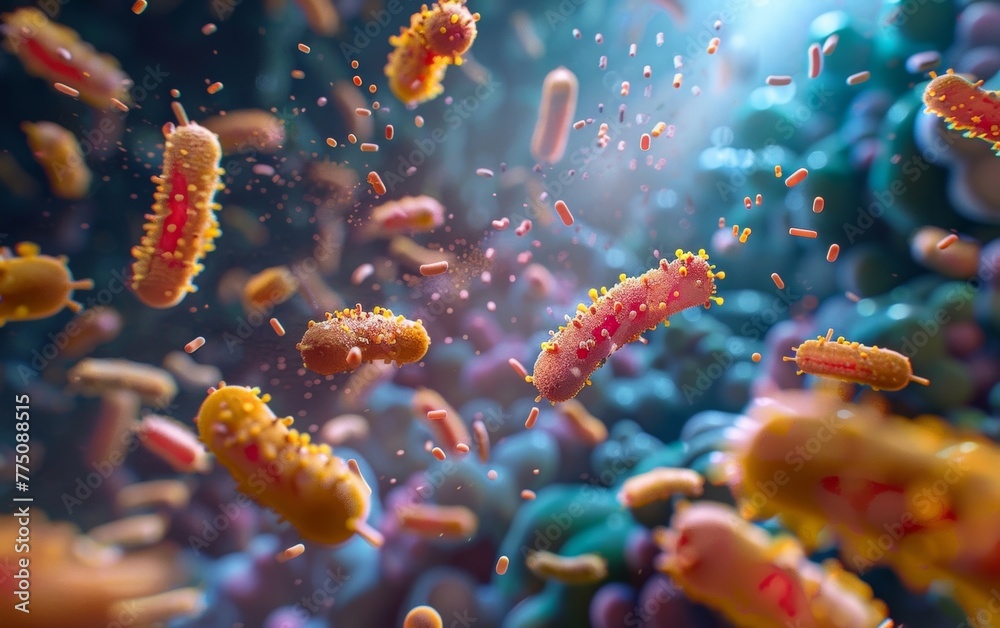 Naklejka premium A detailed visualization showcasing the dynamic interactions between micronutrients and beneficial bacteria.