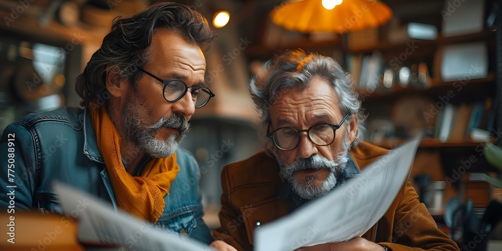 Obraz premium Two mature business executives discussing tax documents in an office setting. Concept Business Meeting, Tax Preparation, Office Environment, Mature Executives, Document Discussion