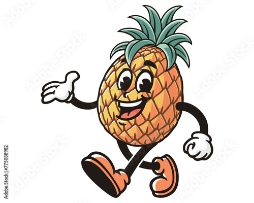 Pineapple taking a leisurely walk cartoon mascot illustration character vector clip art hand drawn