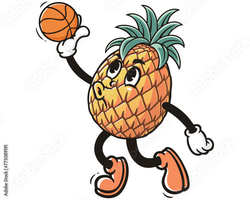 Pineapple playing slam dunk basketball cartoon mascot illustration character vector clip art hand drawn