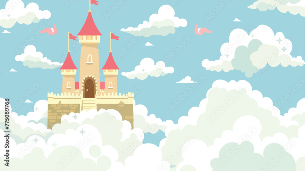 Cartoon Castle with bean sprout in the clouds flat vector