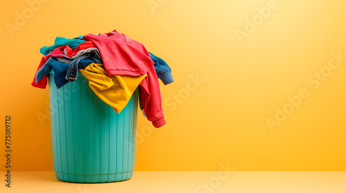Banner with a recycle bin filled with colorful discarded clothes, subtly shaped like a shirt, blending the theme of clothing recycle. Clean background. Copy space