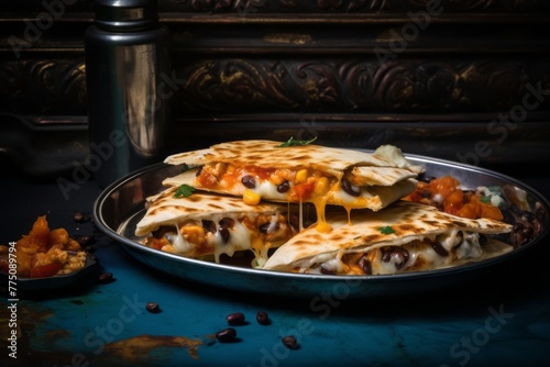Exquisite quesadilla on a metal tray against a painted acrylic background