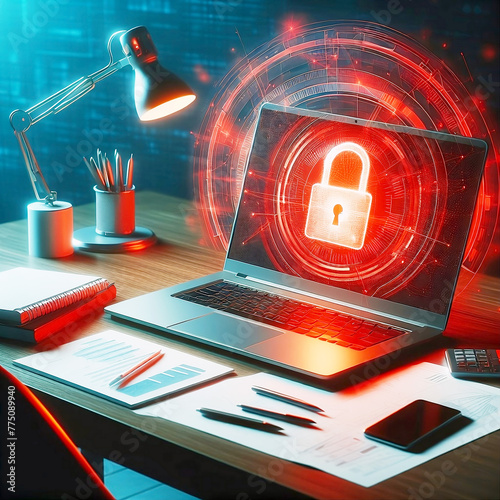 A modern office desk with a laptop, a red glow, and a lock on the screen symbolizing the importance of cyber security and the threat of cyber attacks. 3D illustration - Generative AI