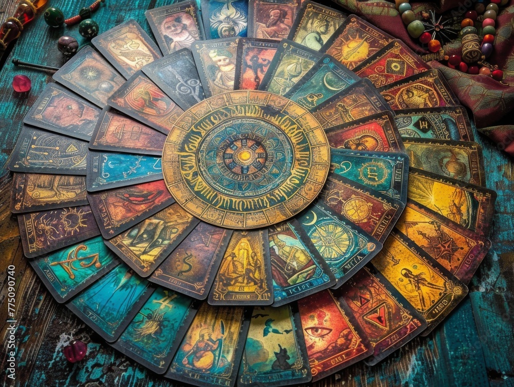 Fototapeta premium Zodiac tapestry and gypsys Tarot spread, a fateful encounter