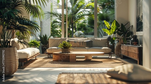 Craft a tropical paradise image of an apartment with palm tree accents