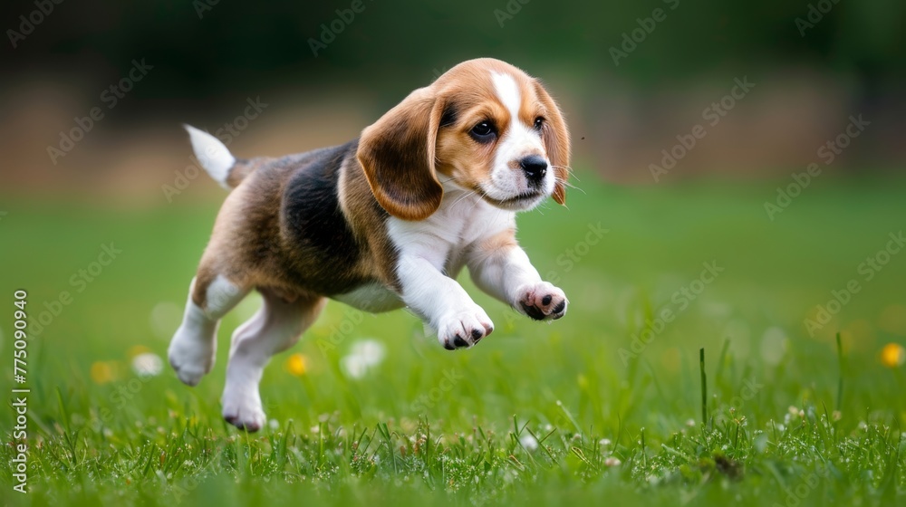 Outdoor beagle puppy playing on grass jump run on the lawn