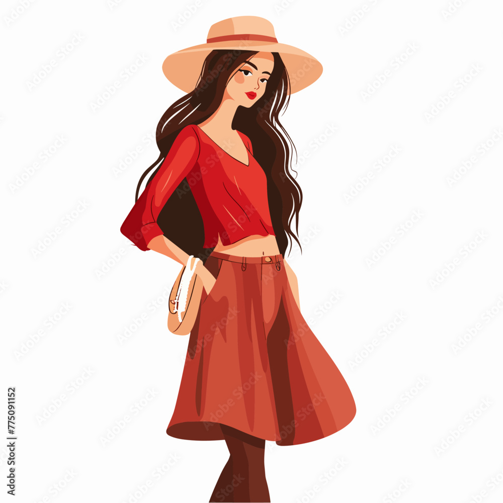 Beautiful young woman in red dress and hat. Vector illustration. Beautiful young woman in red dress and hat. Vector illustration.