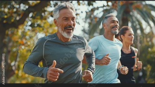 A group of middle-aged multi-ethnic men and women jog at a park together in good health. Mature and happy mixed-race couples run together.