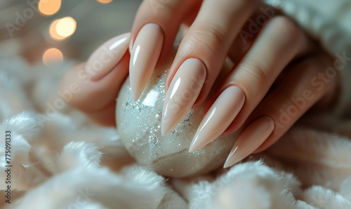 Beautiful designed manicure nails on a beautiful woman s hand  holding a white shiny marble sphere.