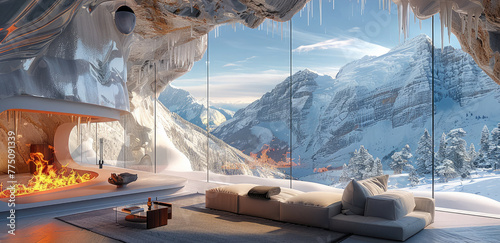 A cozy living room of cave with modern furniture and floor-to-ceiling windows overlooking the snowcapped mountains outside. Generative AI. photo