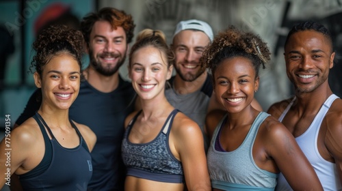 Smiling group of friends in sportswear laughing together while standing arm in arm in a gym after a workout