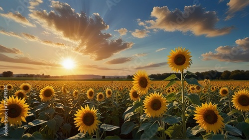 A sun-drenched sunflower field, brimming with vibrant yellow blooms dancing in the gentle breeze. Each flower exudes a radiant glow, its golden petals reflecting the sun's rays. photo