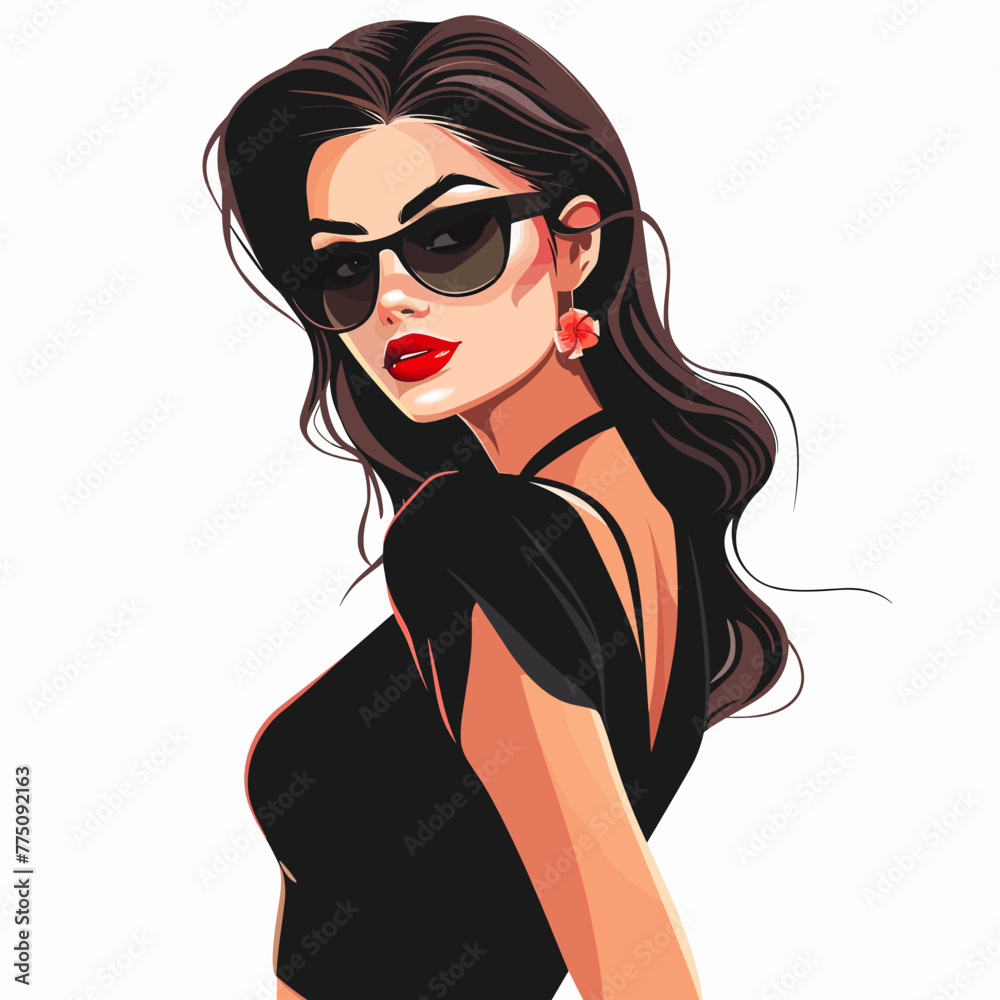 Beautiful young woman in sunglasses and black dress. Vector illustration. Beautiful young woman in sunglasses and black dress. Vector illustration.