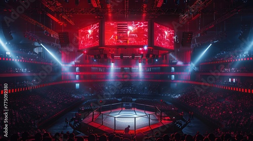 Mixed martial arts, floodlit fighting arena at night. Complete tribune.