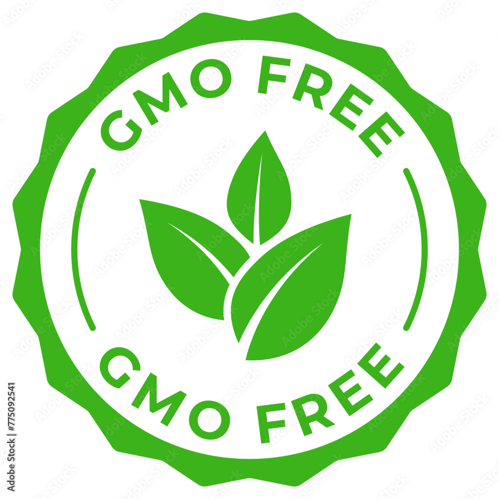 GMO free label vector icon illustration for product package. Non GMO green logo, symbol, badge, tag or emblem isolated in circle design. Natural organic eco product stamp, seal, sticker, mark or tag. - obrazy, fototapety, plakaty 