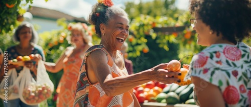 In this photo, a diverse group of multi-cultural friends and family dances together. Children and seniors enjoy a perfect summer afternoon together in an outdoor garden party.