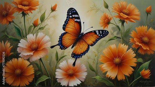 Vibrantly blooming peach-toned spring flowers contrast beautifully with a bright orange butterfly in this mesmerizing image. photo
