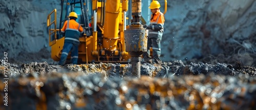 Workers in uniforms and helmets operate a drilling rig to construct an artesian well and storm sewer system. Concept Construction, Drilling Rig, Artesian Well, Storm Sewer System, Workers in Uniforms photo