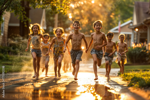 Joyful children running on sunlit street