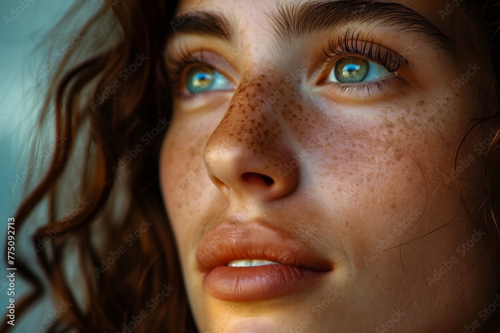 Close-up of a young woman with freckles, showcasing her captivating eyes and serene expression Close-up of a young woman with freckles, showcasing her captivating eyes and serene expression