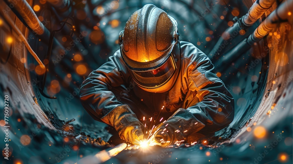 Welder working in heavy industry, welding inside a pipe. Construction of a natural gas pipeline and fuel pipeline. Future of Clean Green Power and Energy. Generative AI. Welder working in heavy industry, welding inside a pipe. Construction of a natural gas pipeline and fuel pipeline. Future of Clean Green Power and Energy. Generative AI.