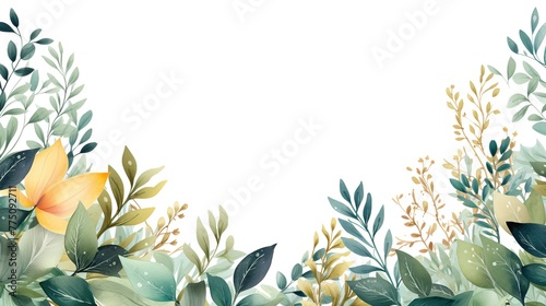 Watercolor green leaves frame template. Empty page white background
