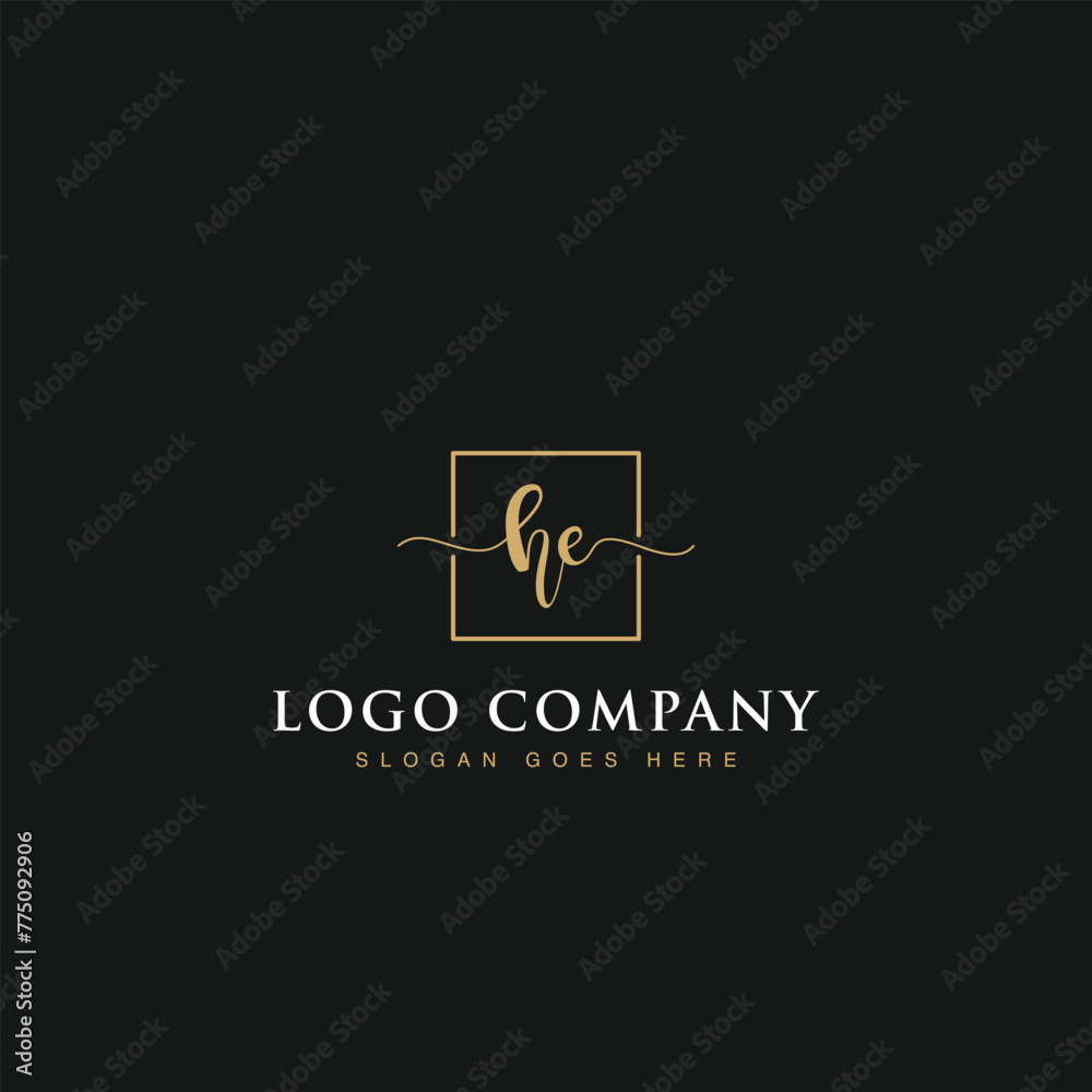 Initials signature letters HE linked inside minimalist luxurious square line box vector logo gold color designs for brand, identity, invitations, hotel, boutique, jewelry, photography or company signs Initials signature letters HE linked inside minimalist luxurious square line box vector logo gold color designs for brand, identity, invitations, hotel, boutique, jewelry, photography or company signs