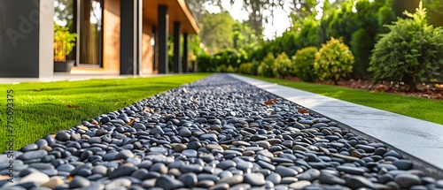 Eco-Friendly Landscaping: Permeable Driveway and Walkway for Effective Water Drainage. Concept Eco-friendly Landscaping, Permeable Driveway, Permeable Walkway, Water Drainage, Sustainable Design photo
