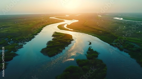 An aerial view of a winding river delta flowing into the ocean