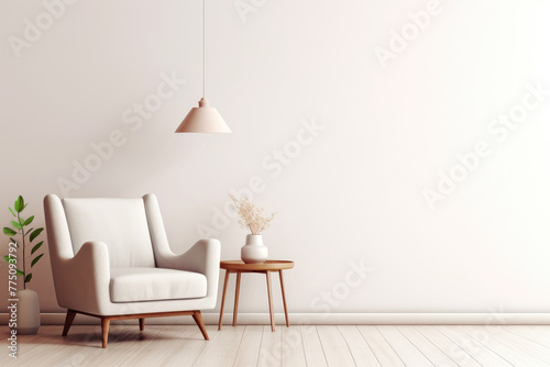 Modern minimalist interior with an armchair on empty white color wall background photo