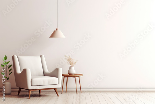 Modern minimalist interior with an armchair on empty white color wall background