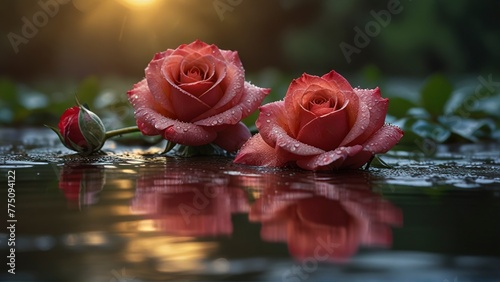 Red rose flowers in drops of dew at sunset

 photo