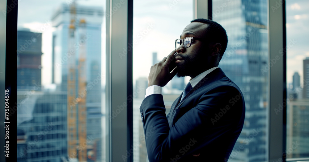 A businessman is talking on the phone.
A businessman is talking on the phone.