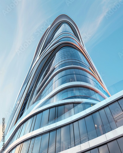 Modern highrise residential building with fluid organic shapes, glass facade and curved edges The exterior design of the skyscraper features elegant curves and modern architectural elements