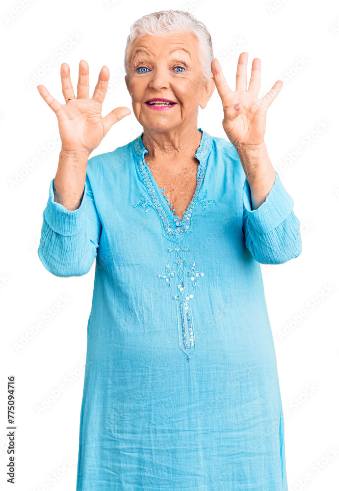 Senior beautiful woman with blue eyes and grey hair wearing summer dress showing and pointing up with fingers number nine while smiling confident and happy. Senior beautiful woman with blue eyes and grey hair wearing summer dress showing and pointing up with fingers number nine while smiling confident and happy.