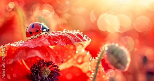 A ladybug perches on a poppy flower with dew drops. © PETR BABKIN