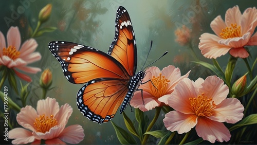 Vibrantly blooming peach-toned spring flowers contrast beautifully with a bright orange butterfly in this mesmerizing image. photo