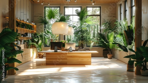 A clean office made from wood and plants for decoration. Generative AI.