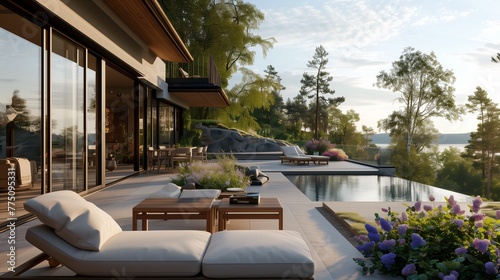 luxery Imagine a beautifully designed terrace adjacent to a charming Swedish house, the focus of a professional photo shoot aimed at showcasing exquisite outdoor furniture and terrace designs. 