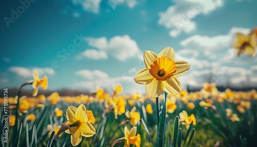 A field of daffodils up close