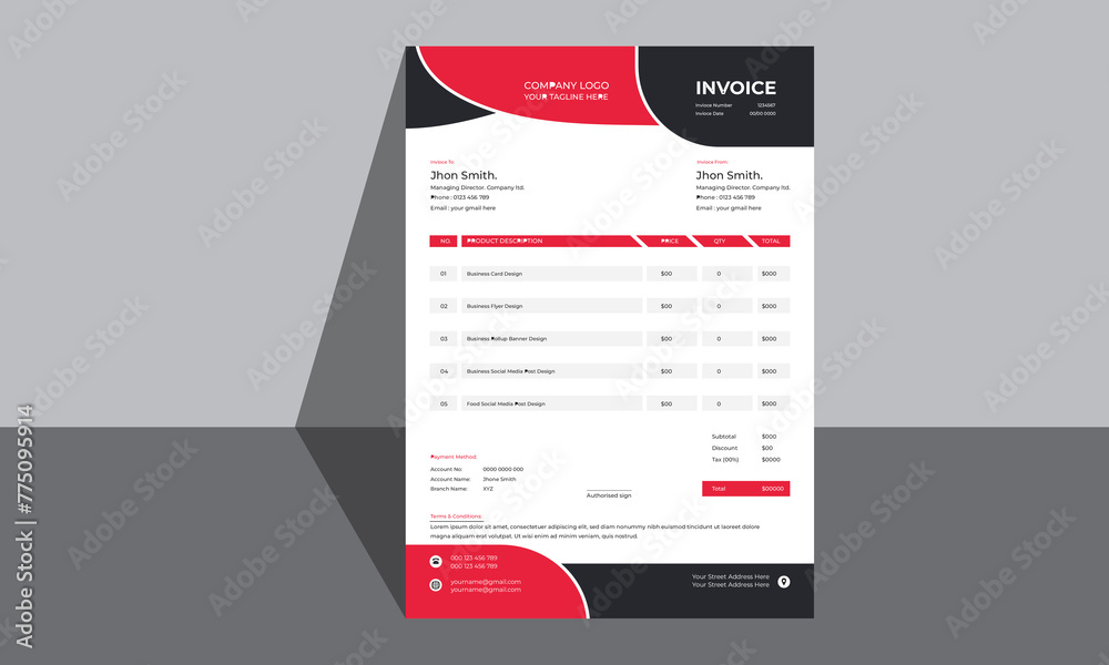 Minimal Corporate Business Invoice design template vector and Bill form business invoice accounting.
