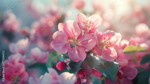 Apple orchard in full bloom in spring