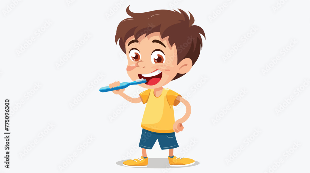 Cute Cartoon little boy brushing teeth flat vector isolated