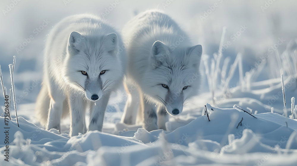 Arctic foxes hunting for food in the snow