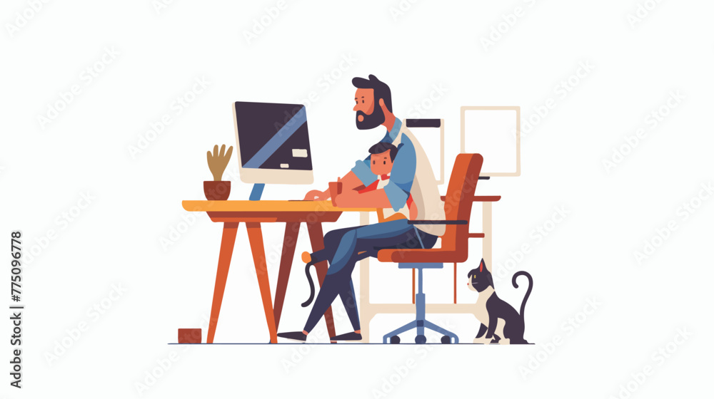 Cute female kid and cat distracting father from work