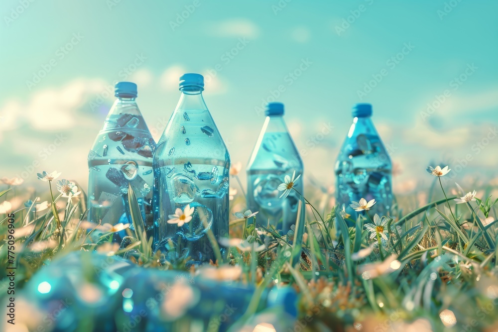 Plastic and glass bottles in sunlit meadow signifying recycling and environmental care