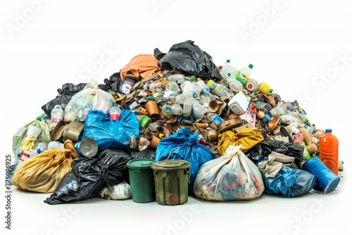 Huge pile of assorted household waste isolated on white background