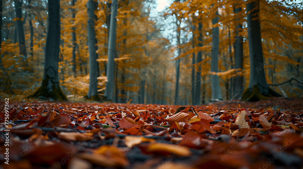 Autumn leaves carpeting a forest floor in shades of red and gold
