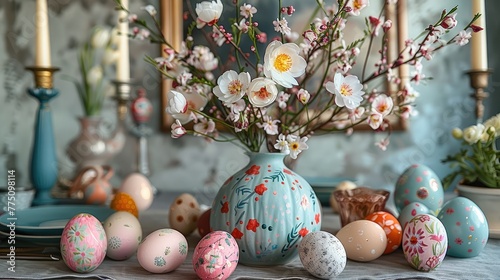 A festive table with Easter decorations, including a centerpiece with painted eggs and spring flowers. Generative AI. © visoot